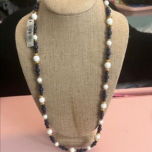 Trifari Navy and White Beaded Necklace with Gold Accents